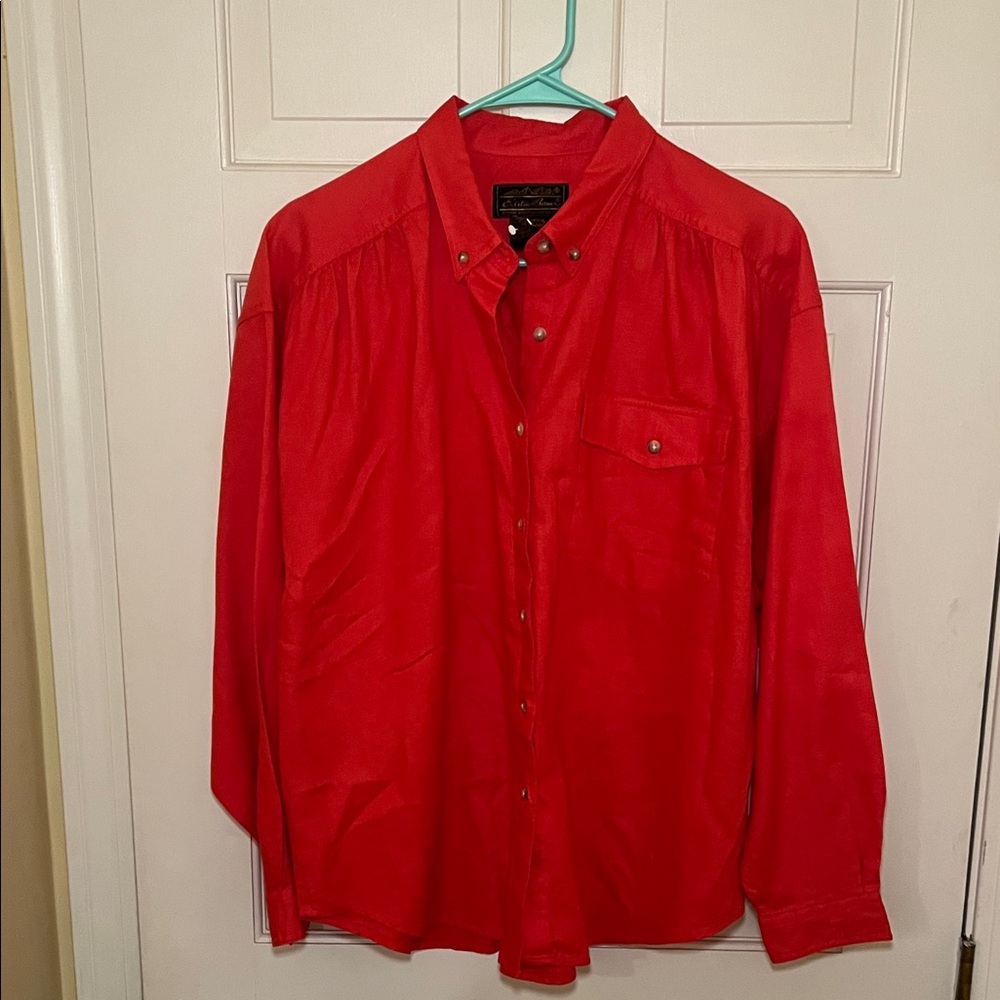 100% Linen Eddie Bauer Vibrant Red Casual Button Down Shirt